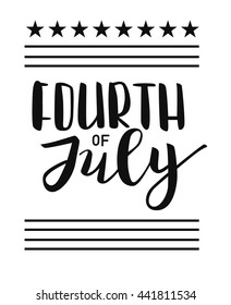 Vector 4 july US independence day sign lettering. Black hand drawn inscription on stars and stripes background. Web design, poster, banner, print element. Object for advertisement background