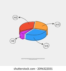 Vector 4 pie chart with doodle art line drawing style suit with business or finance chart or piechart with 3D style piechart with 4 four color red, orange, blue and purple