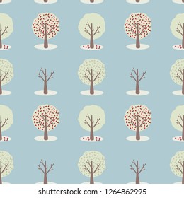 Vector 4 Seasons Tree Set, Seamless Repeat Pattern. Stylized Spring, Summer, Autumn Fall, Winter Foliage Graphic for Educational Nature Wallpaper, Ecology Background, Cute Kawaii Kids Fashion Prints. 