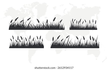 Vector 4 Set of Black Grass Silhouettes on White Background.	
