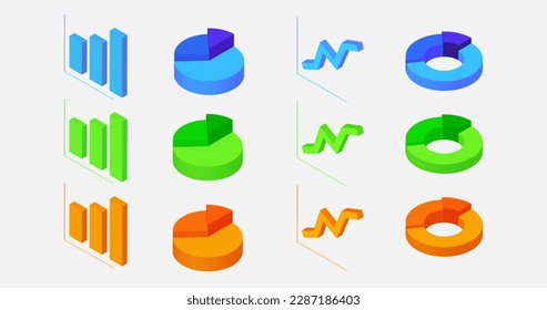 Vector of 4 type of chart (Column, pie, line and doughnut) in 3D isometric style with 3 color option.