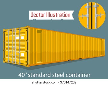 Vector 40 foot standard yellow steel container. Marine vector containers. Isolated sea containers on a gray background.