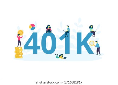 Vector 401K plan concept. 401 k investment in retirement. Pension savings flat illustration with money 