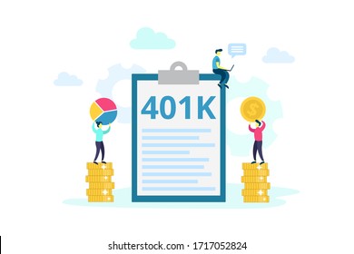 Vector 401K plan concept. 401 k investment in retirement. Pension savings flat illustration with money, people and chart