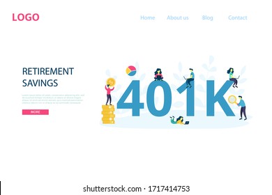 Vector 401K plan concept. 401 k investment in retirement. Pension savings flat illustration with money, people and chart