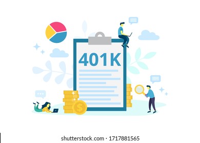 Vector 401K plan concept. 401 k investment in retirement. Pension savings flat illustration with money, people and chart