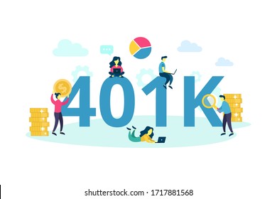 Vector 401K plan concept. 401 k investment in retirement. Pension savings flat illustration with money, people and chart