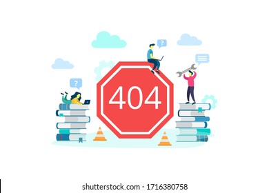 Vector 404 error page or file not found concept. Template design for web site under construction, system updates maintenance, flat infographics, character design, landing page, social media, business
