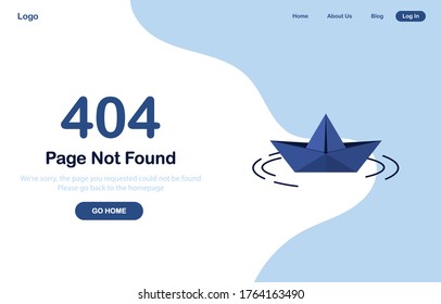 Vector 404 Error Page Not Found Banner. Go Home. Origami Paper Boat Or Ship. System Error, Broken Page. Сircles On The Water. For Website. Web Template. Blue. Eps 10