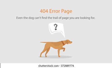 Vector 404 error page template for website. The dog that can't find the trail of the page that person is looking for. The dog with speech bubble and question inside.