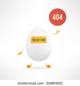 Vector 404 web page not found error with cute and funny egg creature holding the red sign.