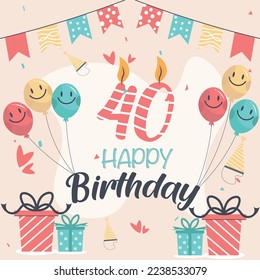 Vector 40th happy birthday vector design for greeting cards and poster with balloon and gift box design.
