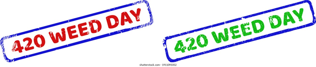 Vector 420 WEED DAY framed watermarks with grunged surface. Rough bicolor rectangle seals. Red, blue, green colors used. Flat distress seals with 420 WEED DAY phrase inside rough rectangle frame.