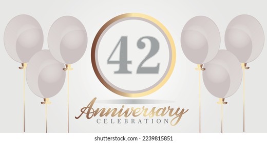 Vector 42nd year anniversary celebration background. gray and gold color numbers and text with balloons.

