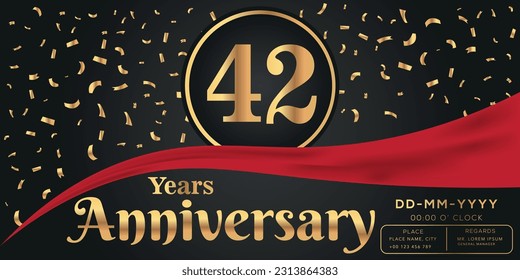 Vector 42nd years anniversary celebration on dark background with golden numbers and confetti design