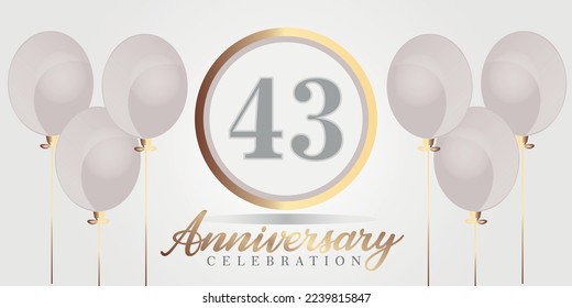 Vector 43rd year anniversary celebration background. gray and gold color numbers and text with balloons.

