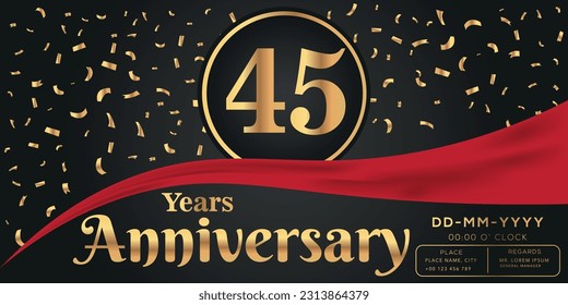 Vector 45th years anniversary celebration on dark background with golden numbers and confetti design