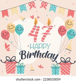 Vector 47th happy birthday vector design for greeting cards and poster with balloon and gift box design.

