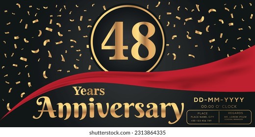Celebración del 48º aniversario del vector sobre fondo oscuro con números dorados y diseño de confeti