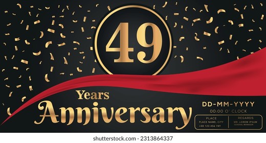Vector 49th years anniversary celebration on dark background with golden numbers and confetti design