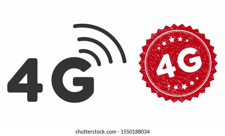 Vector 4G icon and rubber round stamp seal with 4G caption. Flat 4G icon is isolated on a white background. 4G stamp seal uses red color and scratched texture.