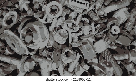 Vector 4K grey background of different nails, nuts and screws. Repair tools. Pop art style