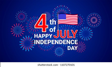 Vector 4th July Happy Independence Day template with flag of USA and festive fireworks