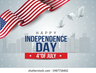 Vector - 4th of July Happy Independence Day American flag and pigeon flying on blue background	