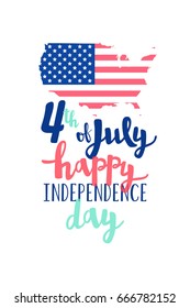 Vector 4th of July Happy Independence Day of United States of America card. Lettering calligraphic design. Contour map of the country with flag.