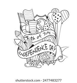 vector 4th of July illustration with black and white hand drawing doodle art design embodying the spirit of Independence Day. Design Template for American Independence Day