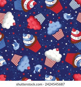 vector 4th of July seamless pattern with cupcakes.