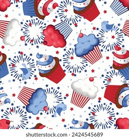 vector 4th of July seamless pattern with cupcakes.