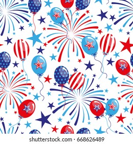 vector 4th of July seamless pattern with balloons and fireworks. EPS