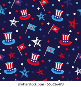 vector 4th of July seamless pattern with hats and flags. EPS