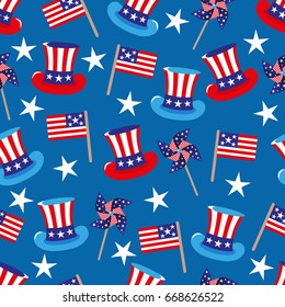 vector 4th of July seamless pattern with hats and flags. EPS