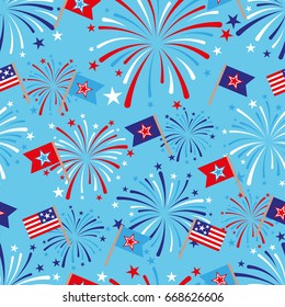 vector 4th of July seamless pattern with fireworks and flags. EPS