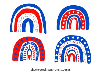 Vector 4th of July themed painted rainbows, isolated on white background. Independence day red, white and blue symbols illustration. Patriotic cartoon style rainbow clip art set.