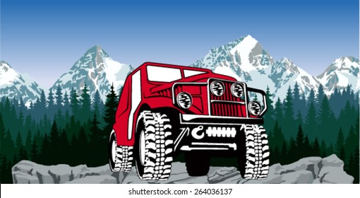 Vector 4x4 vehicle off-road car and mountains forest seamless background