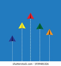 A vector of 5 colour paper plane flying direction. Leadership and leading the line concept.