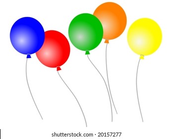 Vector of 5 colourful balloons flying loose.Each balloon is grouped with its string for easy movement.