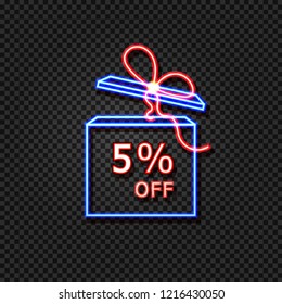 Vector 5% Off Discount Sign, Neon Gift Box Shining on Dark Transparent Background, Sale Tag.