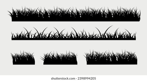 Vector 5 Set of Black Grass Silhouettes on White Background.