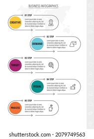 Vector 5 step line infographic from circles with icons. Modern timeline concept for chart, levels, web, diagram, banner, presentations, business, diagram, flowchart