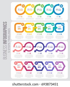 Vector 5 steps timeline infographic template with arrows. Four illustrations set