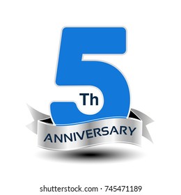 Vector 5 years anniversary, blue number with silver ribbon