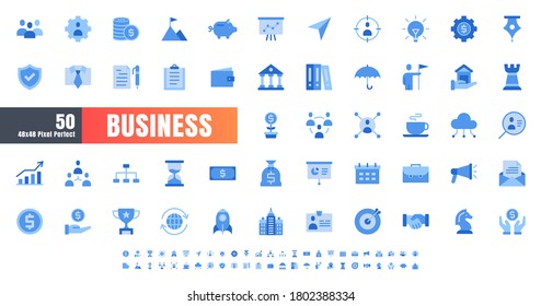 Vector of 50 Business and Financial Solid Monochrome Flat Color Icon Set. 48x48 and 192x192 Pixel.