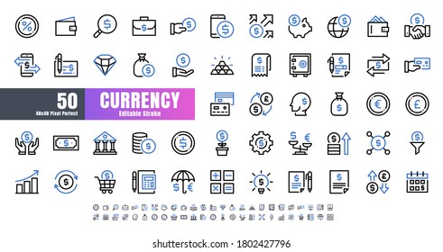Vector de 50 Divisa FInancial Bicolor Línea Contorno conjunto de iconos. Accionamiento Editable Perfecto 48x48 Pixel.