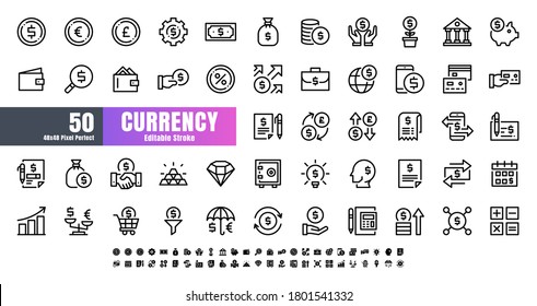 Vector of 50 Currency FInancial Line Outline Icon Set. 48x48 Pixel Perfect Editable Stroke.	
