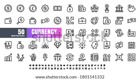 Vector of 50 Currency FInancial Line Outline Icon Set. 48x48 Pixel Perfect Editable Stroke.	
