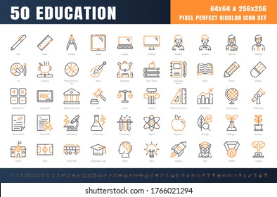 Vector Of 50 Education And School Subject. Bicolor Line Outline Icon Set. 64x64 And 256x256 Pixel Perfect Editable Stroke. Vector.